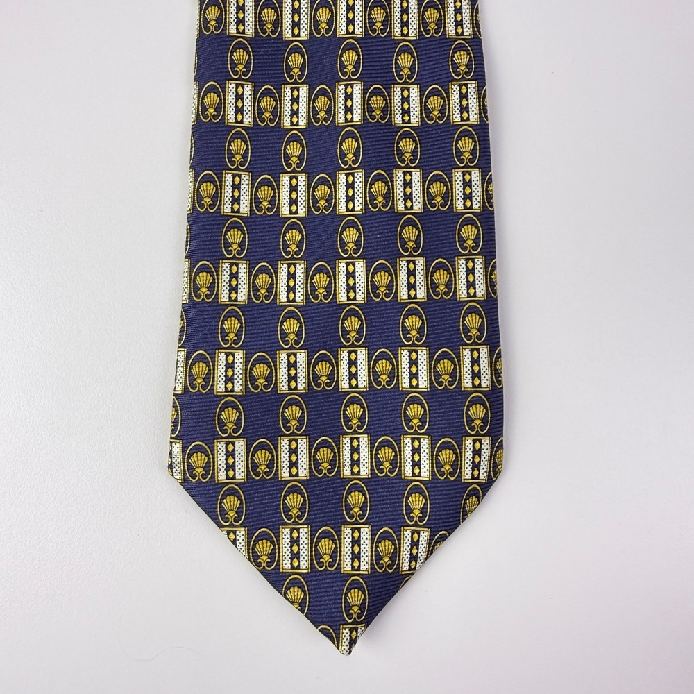 RICHEL‎ 100% Silk Tie Navy Blue Gold Seashells Handmade Spain Mens Necktie